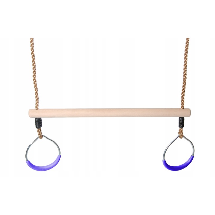 Balansoar trapez din lemn Just Fun, albastru, inele metalice, sarcina maxima 70 kg, 120x19mm, utilizare interior-exterior