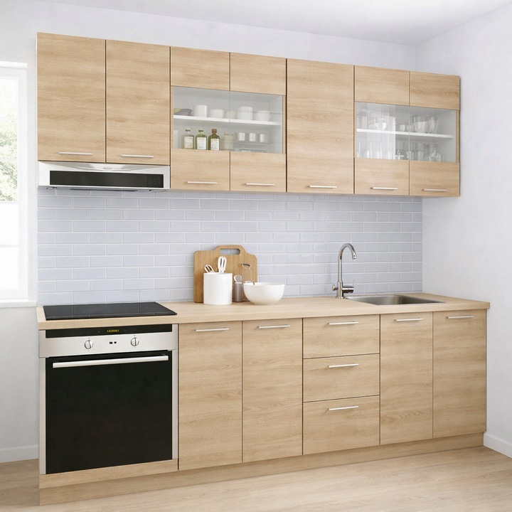 Set mobilier bucatarie cu soft-close, BadenMob Germania, 220cm, corpuri inalte, blat gros, corp cuptor, Sonoma