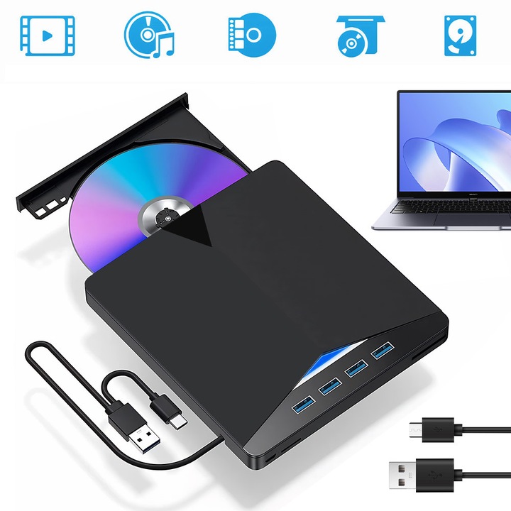 Unitate Optica Externa CHOOLY 7 in 1, USB 3.0, Type-C, 4 Porturi USB, Negru, 16x14.7x1.6cm
