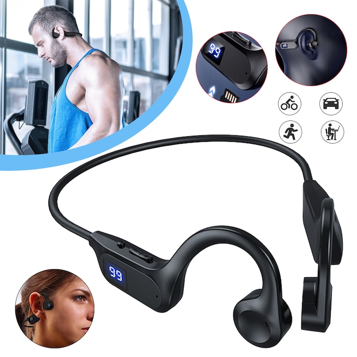 Casti Wireless, CHOOLY, Conductie Osoasa, Impermeabile IPX5, Bluetooth 5.2, Negru