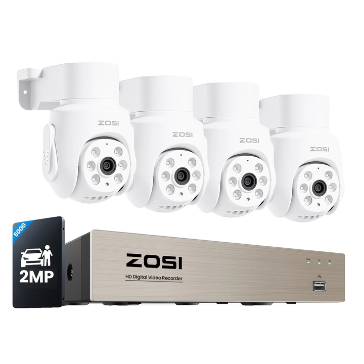 Sistem de camere de supraveghere 360°, 4 camere, detectie AI, rezistenta la intemperii, 500GB, 2MP