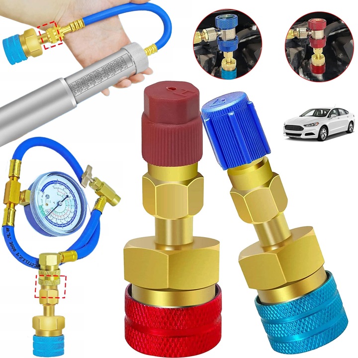 Set adaptoare R1234yf la R134a, CHOOLY, presiune înaltă/joasă, 2 bucăți, albastru și roșu, dimensiuni 7, 3x2, 4cm și 7x2, 6cm