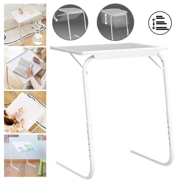 Masa Pliabila Reglabila Portabila, Suport De Noptiera Multifunctional, Setari De Inaltime, Tava Pentru Cina, Citit, Lucru De Acasa Si Mestesuguri, Laptop, Canapea Extensibila Reglabila, Birou, Alb