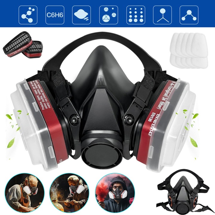 Masca Respiratorie CHOOLY, Neagră, Reutilizabilă, cu Filtrare Eficientă, Set cu Accesorii, 11, 5x13cm