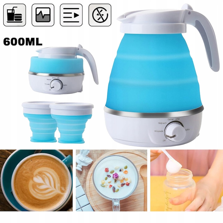 Ceainic electric pliabil CHOOLY, set cu 2 cani, silicon alimentar, 600 ml, albastru