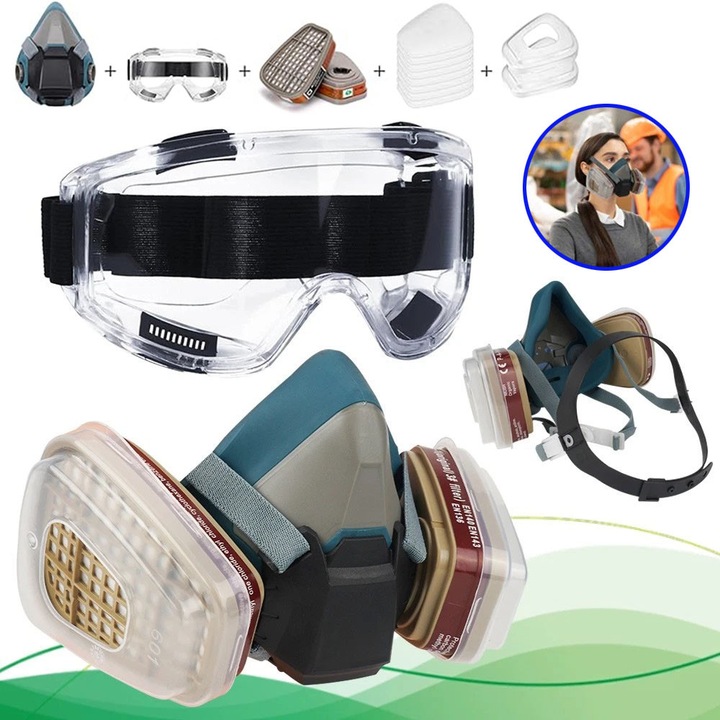 Set masca respiratorie reutilizabilă CHOOLY, protecție împotriva prafului și vapori, silicon, ochelari de protecție