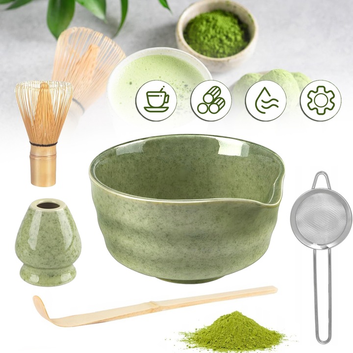 Set de Ceai Matcha CHOOLY, 5 Bucăți, Bol Ceramica cu Cioc, Tel Bambus, Culoare Matcha, 14, 2x7, 1cm