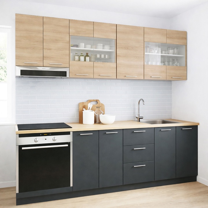 Set mobilier bucatarie cu soft-close, BadenMob Germania, 220cm, corpuri inalte, blat gros, corp cuptor, Antracit/Sonoma