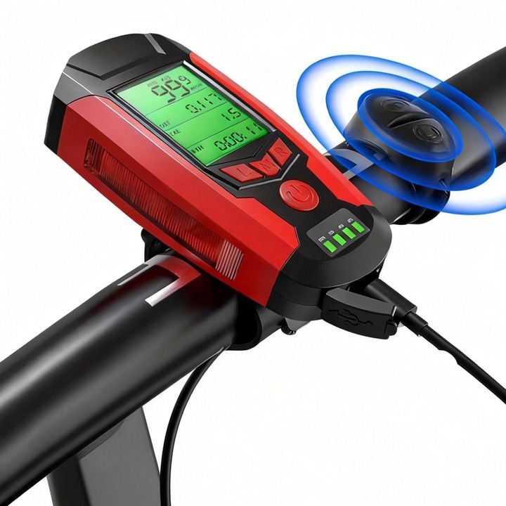 Far Bicicleta Cu Ciclocomputer, Lampi XPG+COB+2835, Claxon Integrat, Afisare Viteza Si Distanta, Acumulator 1200mAh, Incarcare USB, Rezistent La Apa, Mod Alarma, Iluminare Intensificata Noaptea Ideal Pentru Navigare Pe Strada, rosu