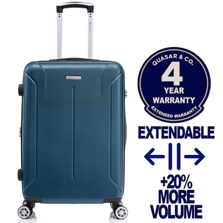 Troler mediu extensibil Quasar & Co.®, 66.5x45x28-33cm, bagaj de cala, troller avion cu fermoar antifurt, cifru, maner telescopic, geamantan cu 4 roti duble silentioase 360°, valiza ABS 2.8 mm, 2 compartimente cu buzunar, SMART, albastru petrol