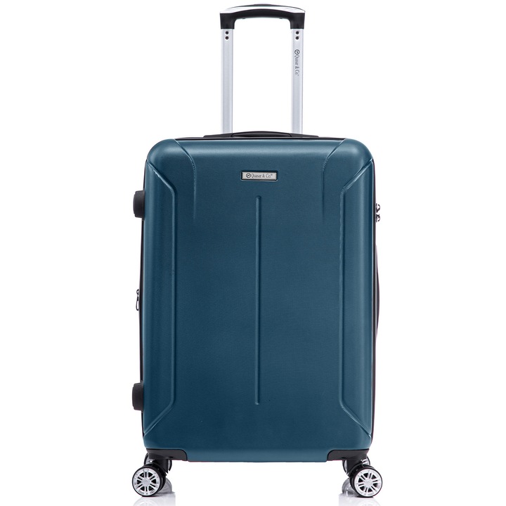 Куфар среден размер Quasar & Co. модел Smart, 66.5x45x28-33см, Разширяем, регистриран багаж, ABS 2.8 мм, Защитен цип, Кодово заключване, Телескопична дръжка, 4 двойни безшумни колела 360°, 2 отделения, Петролно синьо