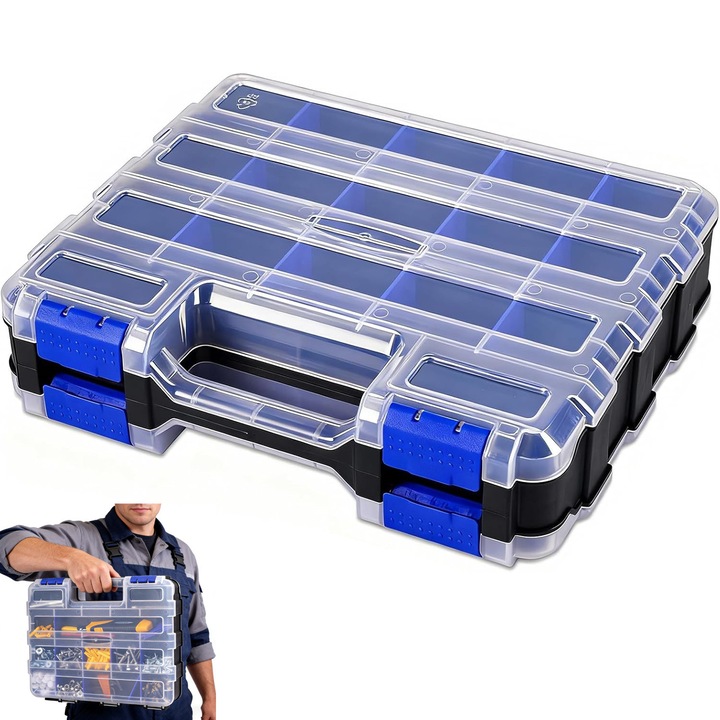 Organizator scule cu capac, Organizator Cutie De Instrumente, 32 compartimente interioare variabile cu despartitoare, separatoare detasabile, 32 x 27 x 8 cm