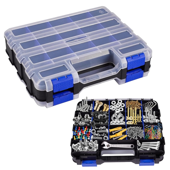Geanta organizator profesional dubla Handy, separatoare detasabile, Cutie organizator pentru accesorii cu separator sertar mobil, 32.4 x 27 x 8 cm