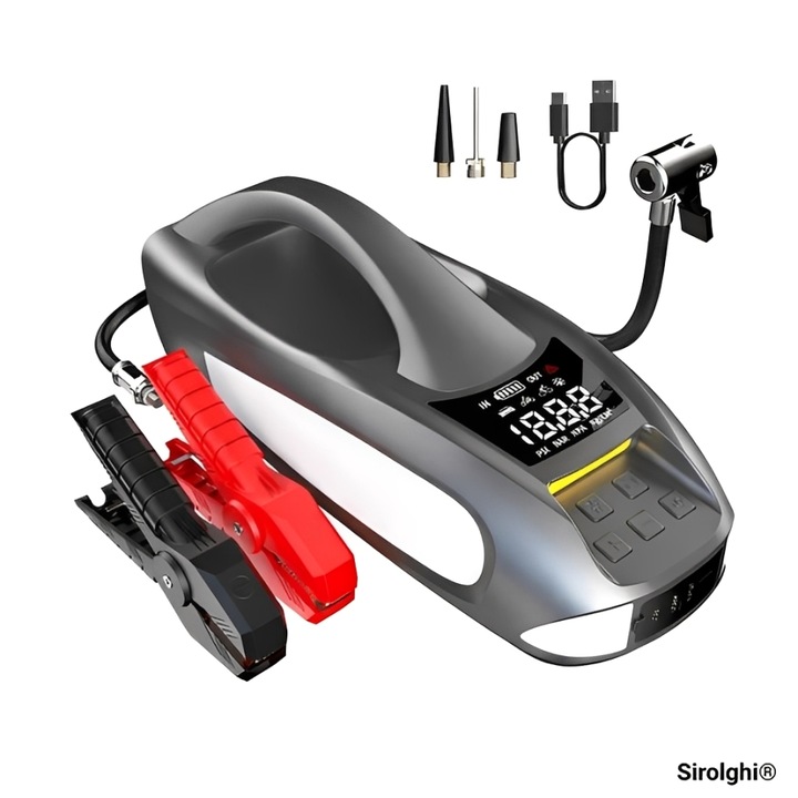 Starter Auto Portabil SIROLGHI cu Compresor 150 PSI, Baterie 27000 mAh, Curent Pornire 3000A, 4 Adaptoare Umflare, Lanternă LED