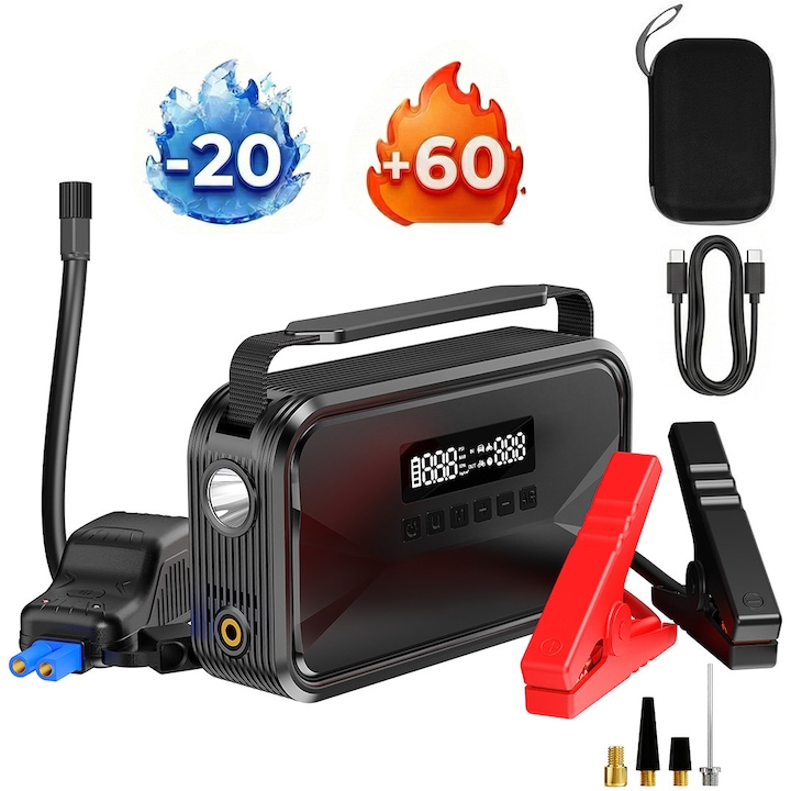 Starter Auto Jump Starter 2000A, AHA PRINT®, Compresor Aer 4-in-1, Power Bank 10000mAh, Incarcare Rapida PD 45W, Lanterna, Kit Urgenta 12V Benzina 6.0L / Diesel 3.0L, Pompa Digitala pentru Roti Masina / Moto cu Oprire Automata si Precizie Ridicata, Geanta