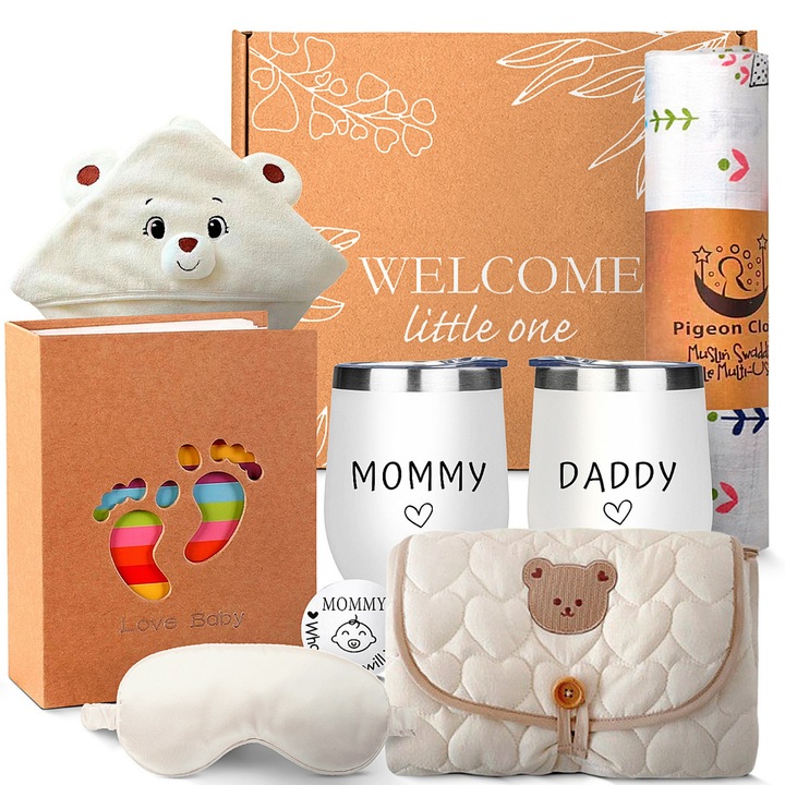 Подаръчен комплект за новородено, Cadonique®, 2 термочаши, подложка за повиване, хавлия с качулка, фотоалбум, памучна муселинова, маска за сън, забавна монета идеални подаръци за кръщене, за момиче или момче, 9 премиум продукта за бебе