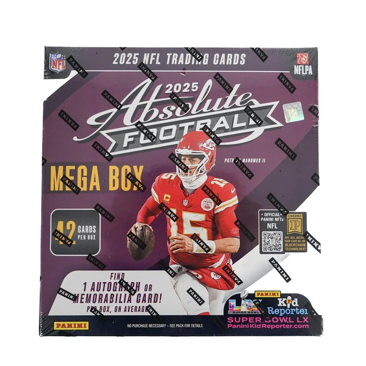 2025 Panini Absolute Football Mega Box (42 de cărți de fotbal american, inclusiv 1 carte semnată sau cu bucată de tricou garantată)