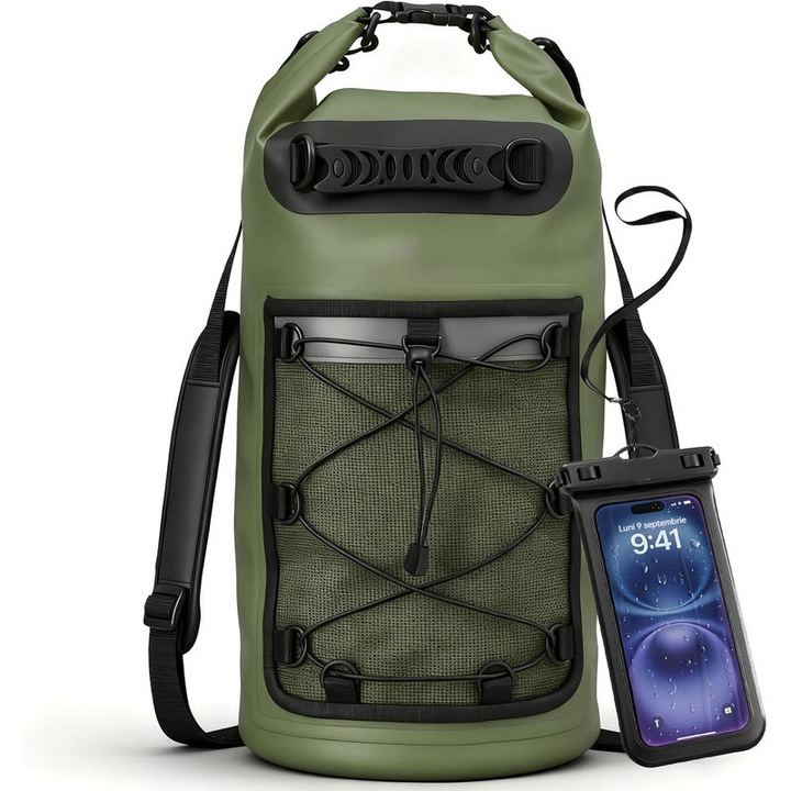 Vízálló kajak táska, 30 L, YSBER®, Dry-Bag Tsunami, szoros roll-top záródás, Dupla pántok, Plusz, vízálló telefontok, PVC, alkalmas strandra, túrázásra, kerékpározásra, utazásra, kempingezésre, Zöld