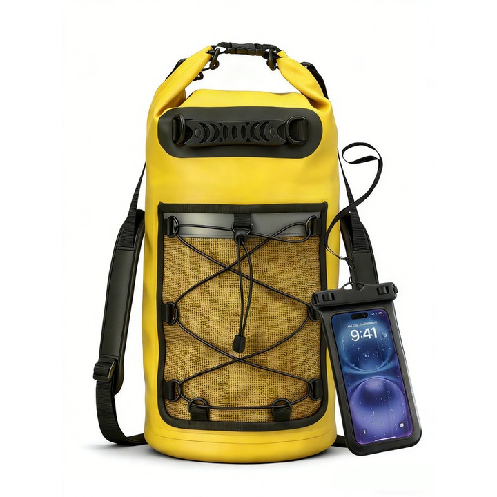 Geanta impermeabila pentru caiac, 30 L, YSBER®, Dry-Bag Tsunami, inchizator roll-top strans, Bretele duble, In plus, o husa impermeabila pentru telefonul mobil, PVC, potrivit pentru plaja, drumetii, ciclism, calatorii, camping, Galben