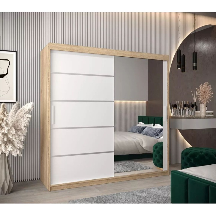 Dressing Sebastian, PAL, 180x60x200cm, cu oglinda, Sonoma/Alb