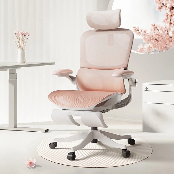 Геймърски офис стол Timebox P2Pro, ергономичен дизайн с регулируема облегалка за офис, удобна седалка, дишаща текстилна тапицерия, стабилна основа, безшумни колела, ежедневна опора за гърба, розов цвят