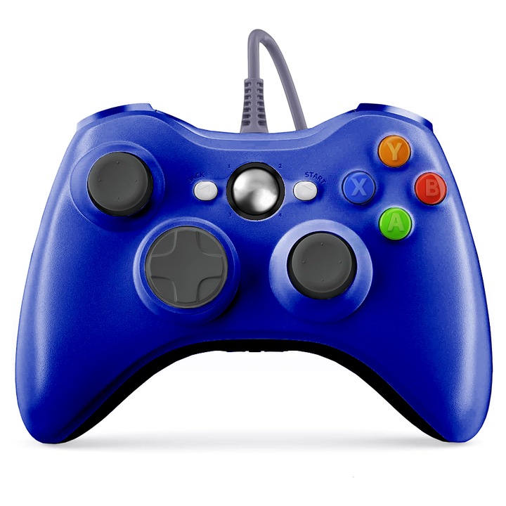 Controller de Joc cu Fir Teno ®, compatibil cu Xbox 360/Slim/PC Windows 7/8/10, vibratii duble turbo cu 3 intensitati, sensitivitate ridicata, cablu cu lungime de 2.5 m, albastru