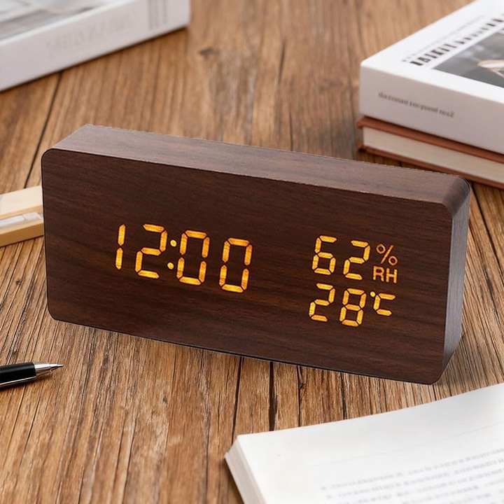 Ceas deșteptător digital, Omelivon, lemn, termometru și higrometru, luminos, 20x10cm