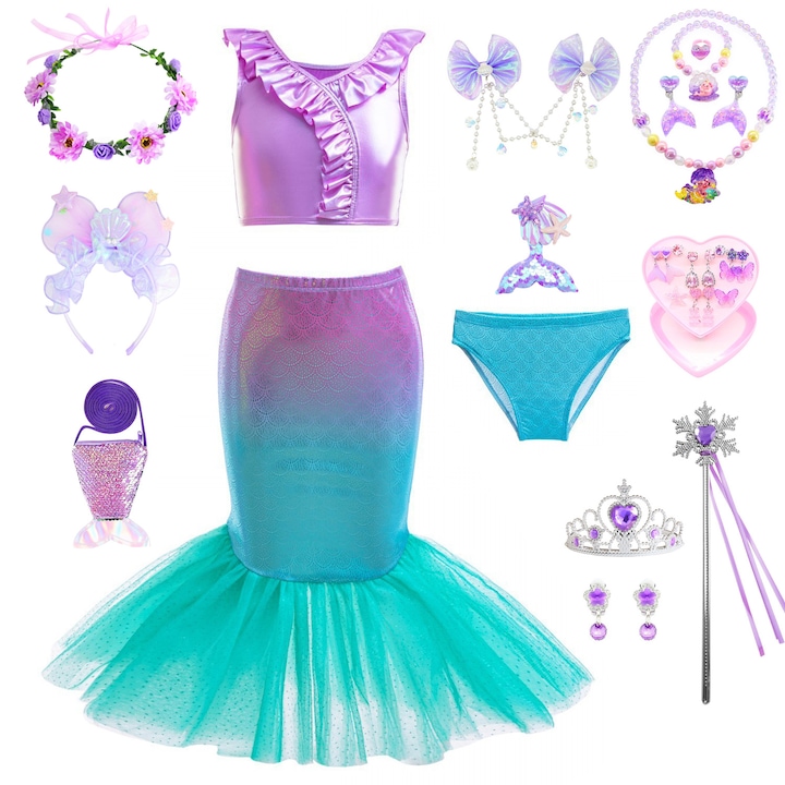 Costum de sirena pentru fete, set 15 piese, costum de baie printesa, bikini, albastru, costum de baie de plaja pentru copii, 120 cm