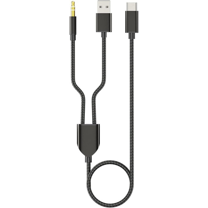 Cablu stereo auto 2 in 1 Green Leaf, tip C la USB A, negru, 3, 5 mm