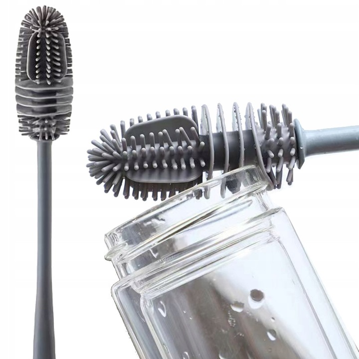 Силиконова четка Perie, SNM, За измиване на бутилки, чаши и вази, Дължина 31,5 см, Ергономична дръжка с отвор за закачане, Деликатно почистване без драскотини, Антибактериален материал, Идеална за бебешки шишета и термос, Сива