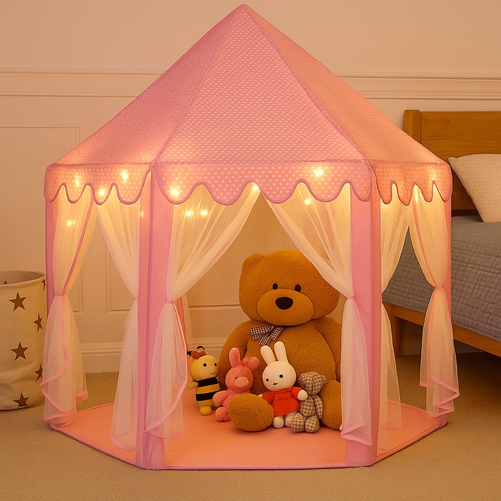 Cort de joacă Green Leaf, casuta de printesa, luminițe, 139x135cm, pentru interior și exterior