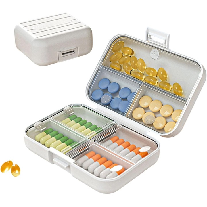 Utazási pirulaszervező, Green Leaf, 7 rekeszes, címkék mellékelve, fehér, 3,5x7,8x7,8cm