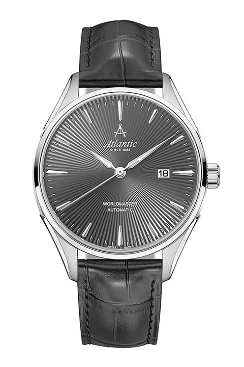 Atlantic, Часовник от инокс с кожена каишка, Сребрист, Черен