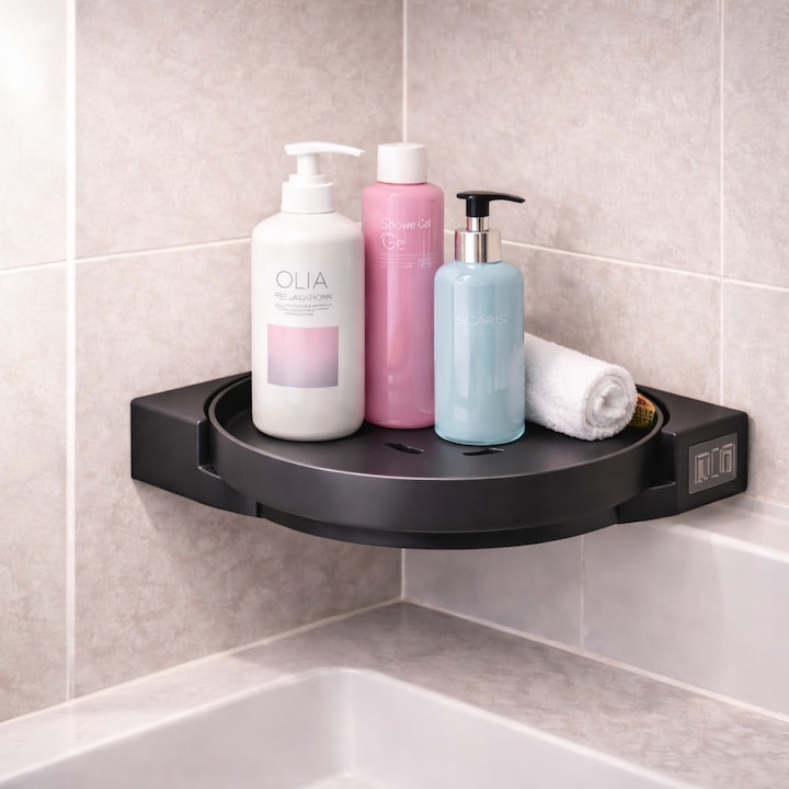 Organizator colt baie S-Eye rotativ 360°, suport baie fara gauri, montaj adeziv, 26x26 cm, pentru sampon, gel, cosmetice