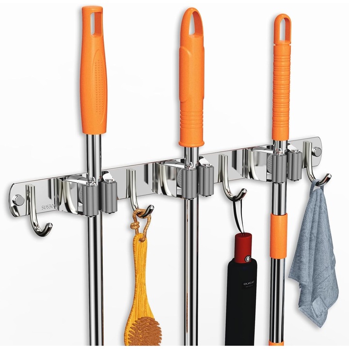 Suport pentru mop și mătură, Green Leaf, inox, 3 rafturi, 4 cârlige, montat pe perete, 1, 8x3, 8cm