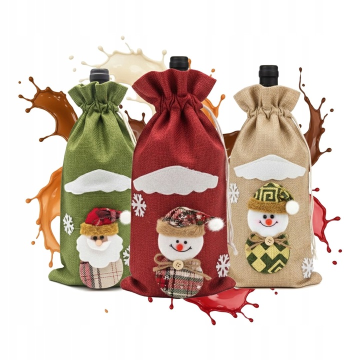Pungă cadou festivă pentru sticlă, Bimberek, Mos Crăciun / Om de Zăpadă / Fulgi de Nea, 31x15cm, reutilizabilă
