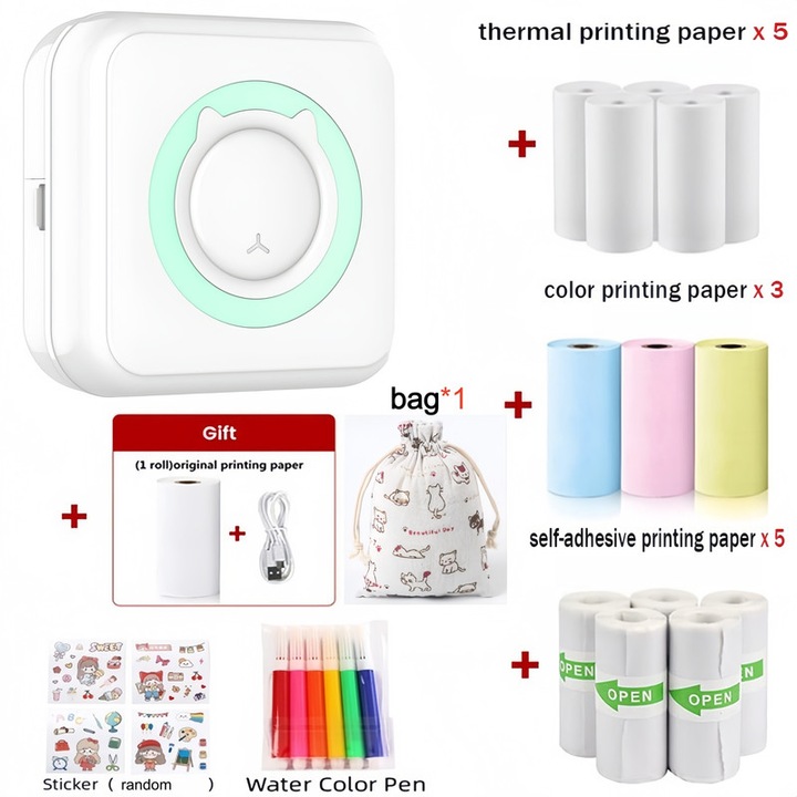 Mini imprimanta portabila, Bluetooth, aplicatie pe telefon, Fara cerneala termica, Baterie 1000mAh integrata, 13 role de hartie de imprimanta plus 5 pixuri acuarela, USB, 1Autocolante, 1bag, textul imaginii, iOS si Android, Verde