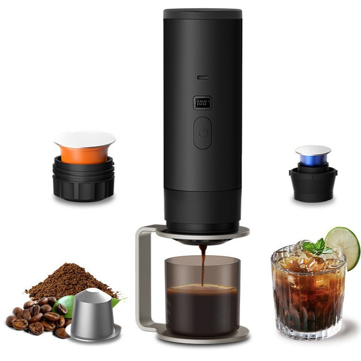 Espressor Portabil 2 in 1, Ultrixe Espressor Manual, Aparat pentru Cafea Macinata sau Capsule, Ecran Digital, Baterie 7800mAh, Incarcare USB Type C, Functie de Incalzire, pentru Calatorii, Camping si Birou, Negru