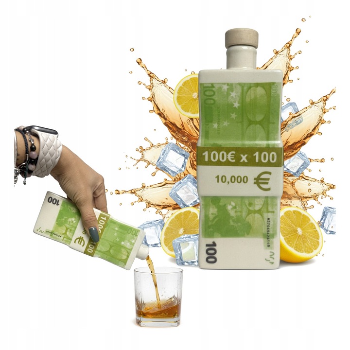 Sticla ceramica 350ml 100 EURO, Bimberek, design bancnota, capac ceramic, inaltime 20cm