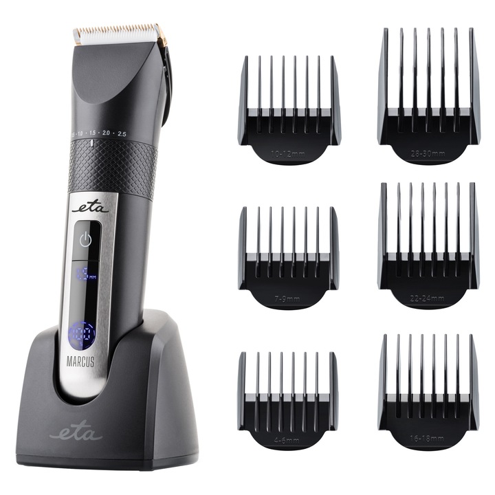 Masina de tuns fara fir ETA Marcus 9341 90000, Baterie Li-Ion 3.7 V, 6 piepteni, afisaj LED, negru
