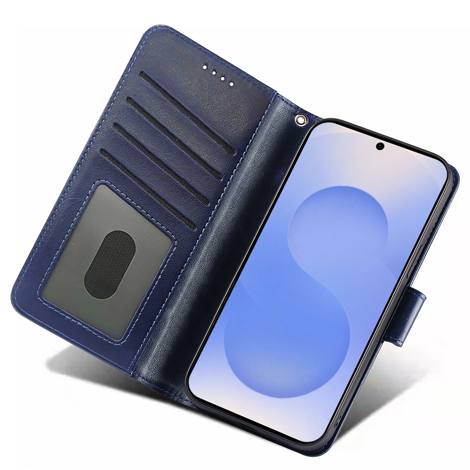 Husa pentru Samsung Galaxy S25, Omelivon, piele fina, Albastru, tip carte, cu portofel interior