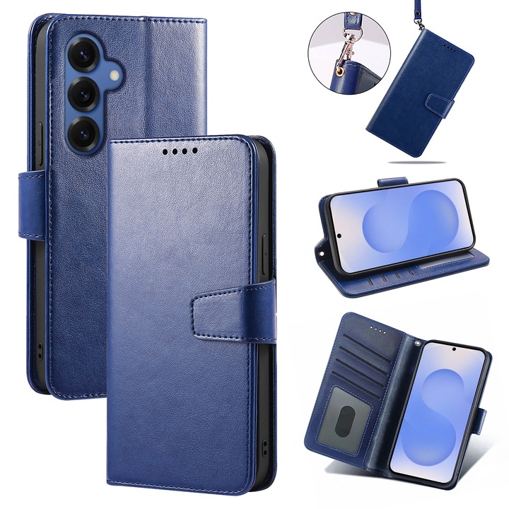 Husa pentru Samsung Galaxy S25, Omelivon, piele fina, Albastru, tip carte, cu portofel interior