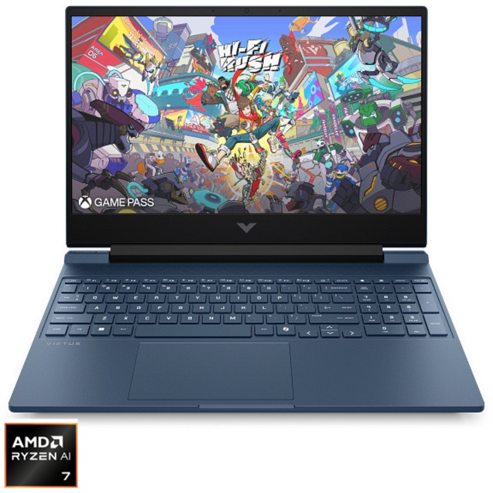 Laptop HP Gaming Victus 15-fb3031nn cu procesor AMD Ryzen™ AI 7 350 pana la 5.0GHz, 15.6", Full HD, IPS, 144Hz, 24GB DDR5, 1TB SSD, NVIDIA® GeForce RTX™ 5060 8GB GDDR7, Free DOSS, Performance Blue