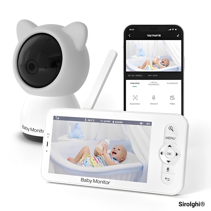 SIROLGHI® Bébiőr Videó Wi-Fi 2.4GHz, Babakamera Pan-Tilt Forgatás 355°/65°, 5″ Monitor, 3000 mAh Akkumulátor, Éjjellátó, Kétirányú Hang