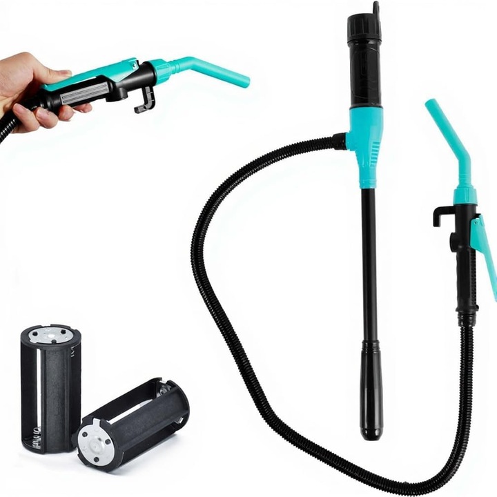 Pompa transfer combustibil, asskanaer, Pompa electrica portabila pentru transfer lichide, Alimentata cu baterii si duza de control, Pentru gaz, combustibil, Debit 2, 4 GPM, Maner de pistol, Dubla tensiune, Plastic, 44*15*6cm, Albastru