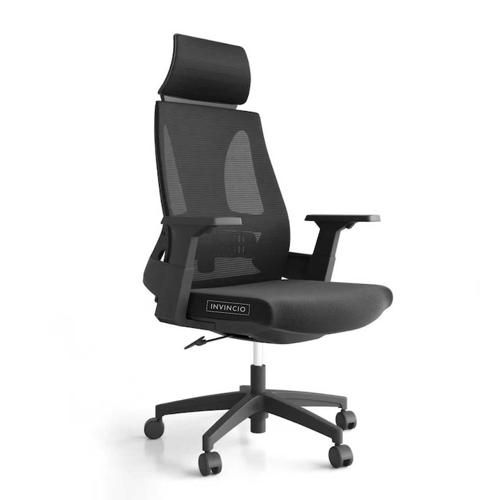 Офис стол Invincio Walker-H, мрежеста висока облегалка, облегалка за глава, 3D регулируеми подлакътници, механизъм за накланяне и заключване, BIFMA клас 3 цилиндър, регулируема лумбална опора, модерен дизайн за игри и офис, черен