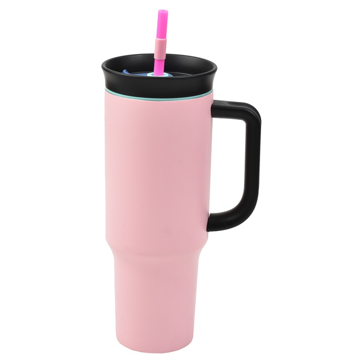 Cana Termos Cu Maner, Pai Si Gaura De Sorbit Destello®, 1.2 L, Otel Inoxidabil, Izolatie Termica cu Pereti Dubli, Rezistenta la Scurgeri, Ideala pentru Apa, Ceai, Cafea sau Smoothie, Design pentru, Birou, Masina Auto, Drumetii Cana Tumbler Ergonomica Roz