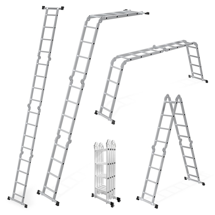 Scara pliabila extensibila idealSTORE din aluminiu 4 x 4 trepte, 4,58m, Multifunctionala, Sistem de blocare, Utilizare tip A si dreapta, Inaltime reglabila, Sarcina 150 kg, Ideal pentru casa si uz profesional