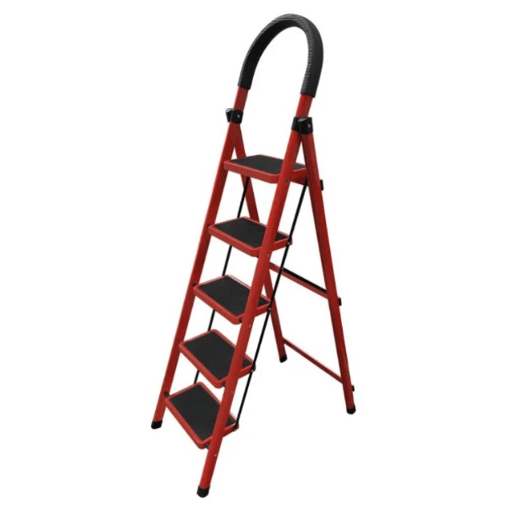 Acél létra, 5 fokos, 1085x495x1390 mm, 150 kg – Piros & Fekete