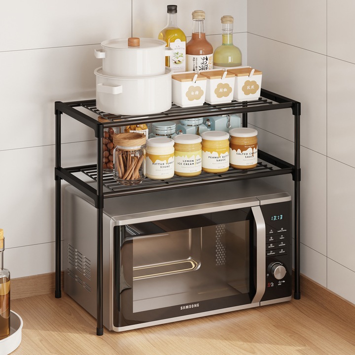 Etajera de bucatarie cu 2 rafturi – Organizator negru pentru spatiul de deasupra cuptorului cu microunde